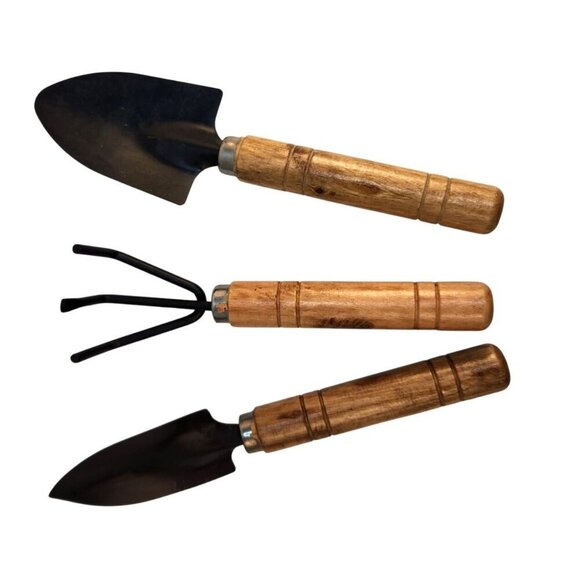 Miniature Gardening Tool Set With Wooden Handles & Metal Heads Set of 3, 6"long - Picture 3 of 5